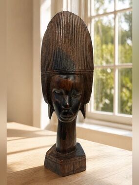 Vintage African Woman w/ Headdress Tribal Art Hand Carved Bust Sculpture 9" Tall